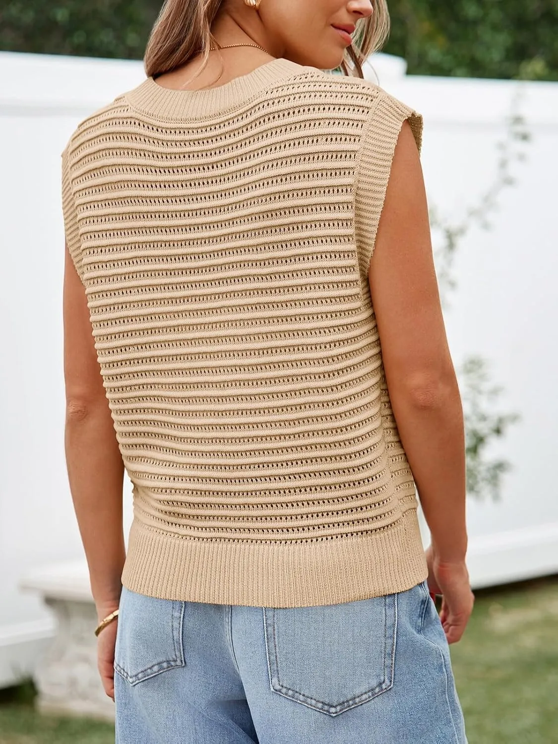 Lueluoye Women's Summer Knit Sweater Vest Cap Sleeve Casual Trendy Crew Neck Ribbed Pullover Tank Tops