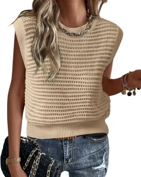 Lueluoye Women's Summer Knit Sweater Vest Cap Sleeve Casual Trendy Crew Neck Ribbed Pullover Tank Tops
