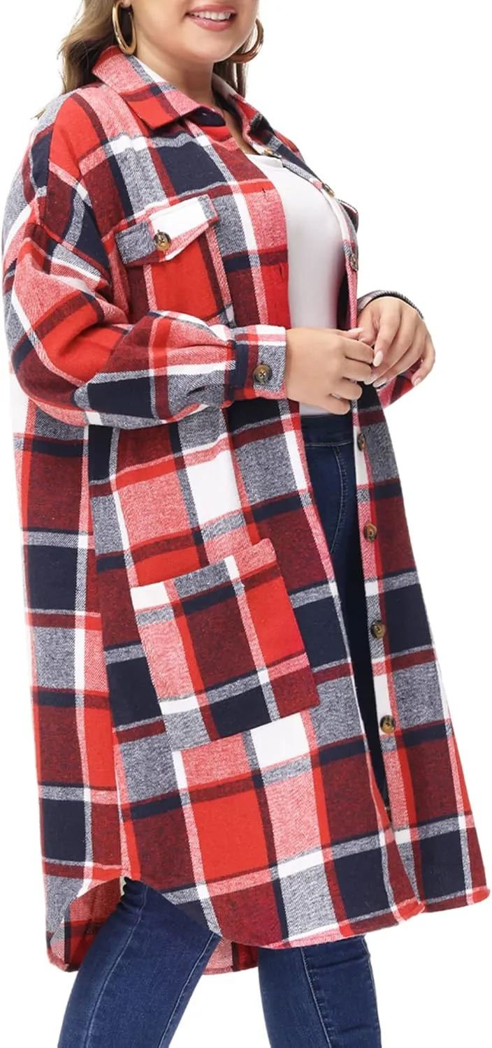 MCEDAR Women's Oversized Long Plaid Shacket Jacket Casual Lapel Long Sleeve Button Down Plus Size Flannel Shirt (S-4X)