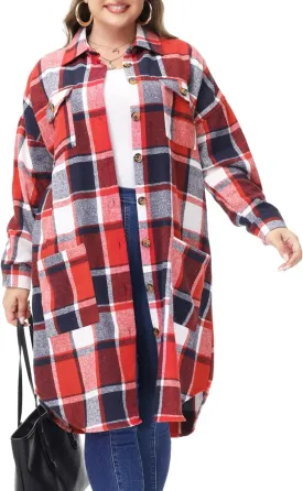 MCEDAR Women's Oversized Long Plaid Shacket Jacket Casual Lapel Long Sleeve Button Down Plus Size Flannel Shirt (S-4X)