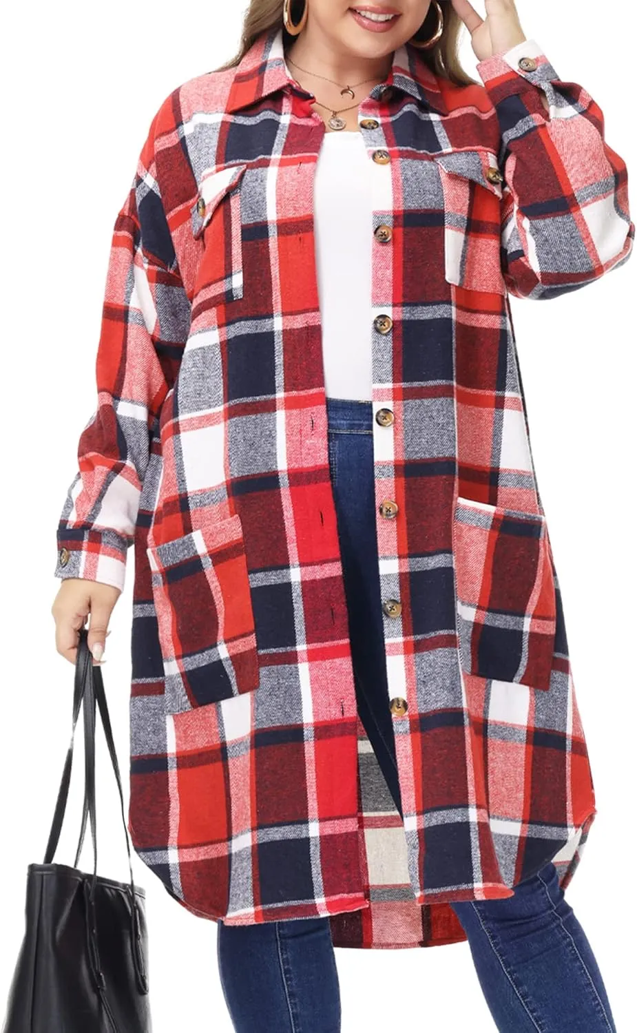 MCEDAR Women's Oversized Long Plaid Shacket Jacket Casual Lapel Long Sleeve Button Down Plus Size Flannel Shirt (S-4X)