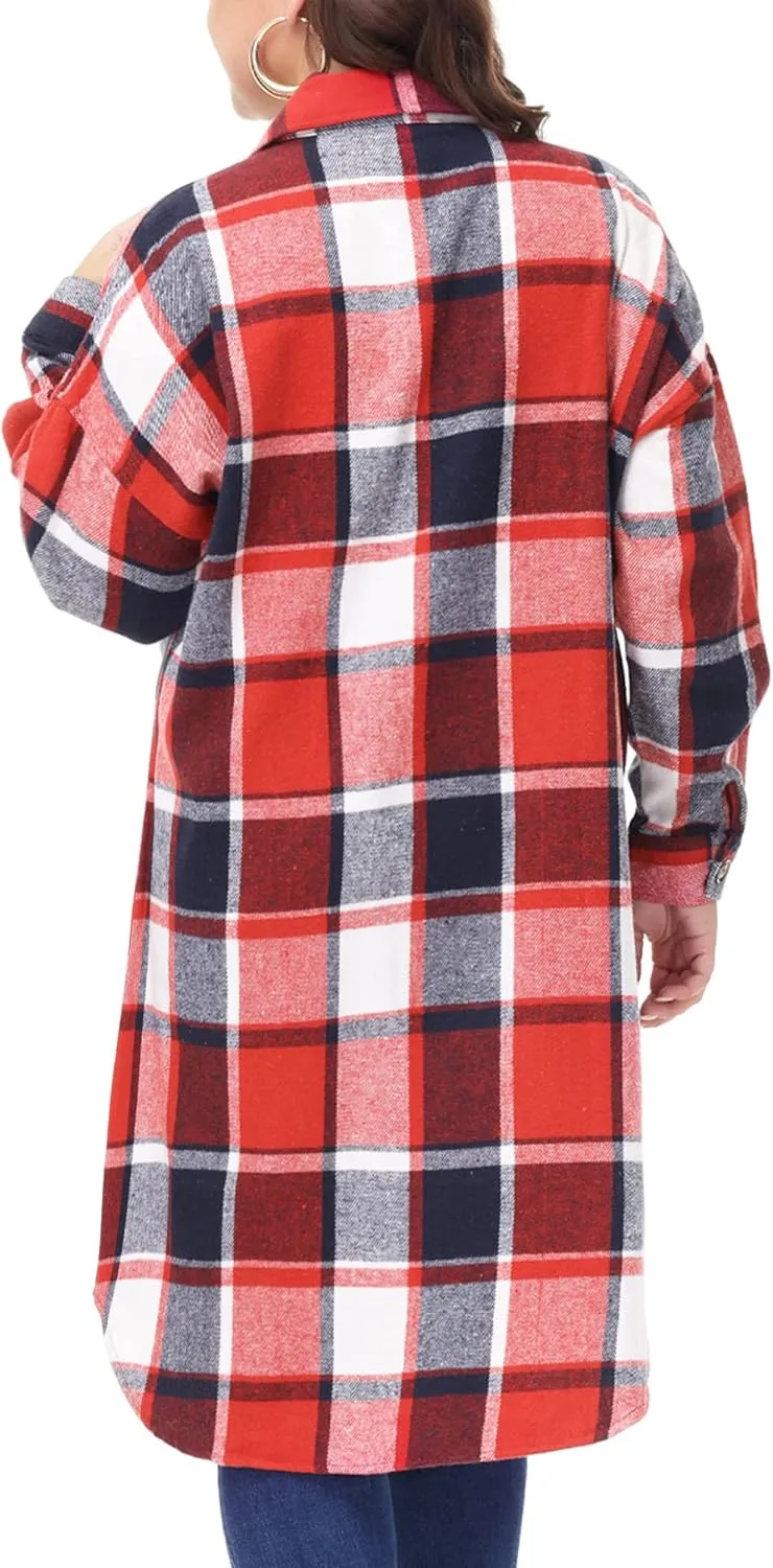 MCEDAR Women's Oversized Long Plaid Shacket Jacket Casual Lapel Long Sleeve Button Down Plus Size Flannel Shirt (S-4X)