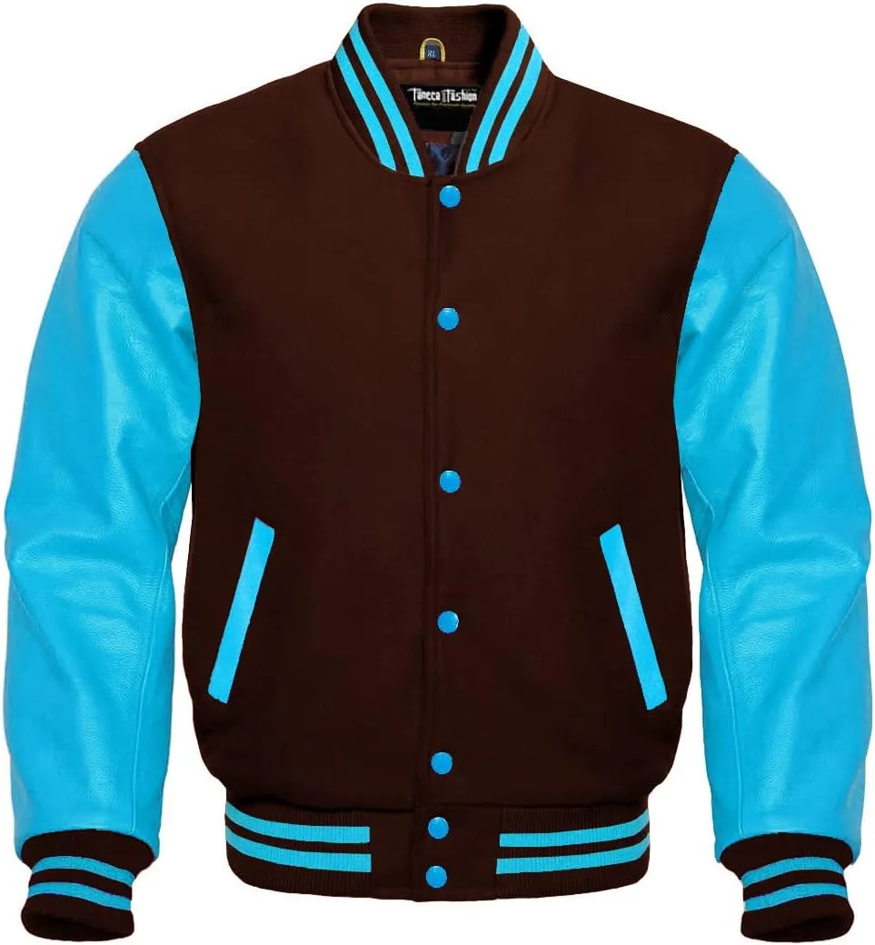 Men's Baseball Letterman Wool and Genuine Sky Blue Leather Sleeves Bomber Style Varsity Jacket