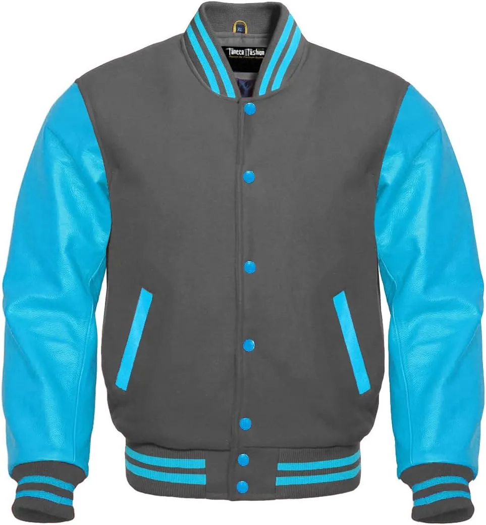 Men's Baseball Letterman Wool and Genuine Sky Blue Leather Sleeves Bomber Style Varsity Jacket