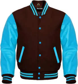 Men's Baseball Letterman Wool and Genuine Sky Blue Leather Sleeves Bomber Style Varsity Jacket