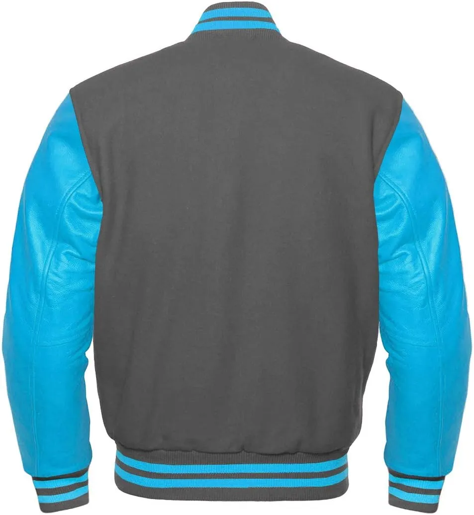Men's Baseball Letterman Wool and Genuine Sky Blue Leather Sleeves Bomber Style Varsity Jacket