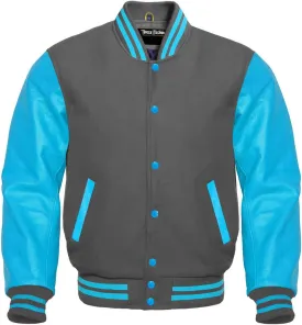 Men's Baseball Letterman Wool and Genuine Sky Blue Leather Sleeves Bomber Style Varsity Jacket