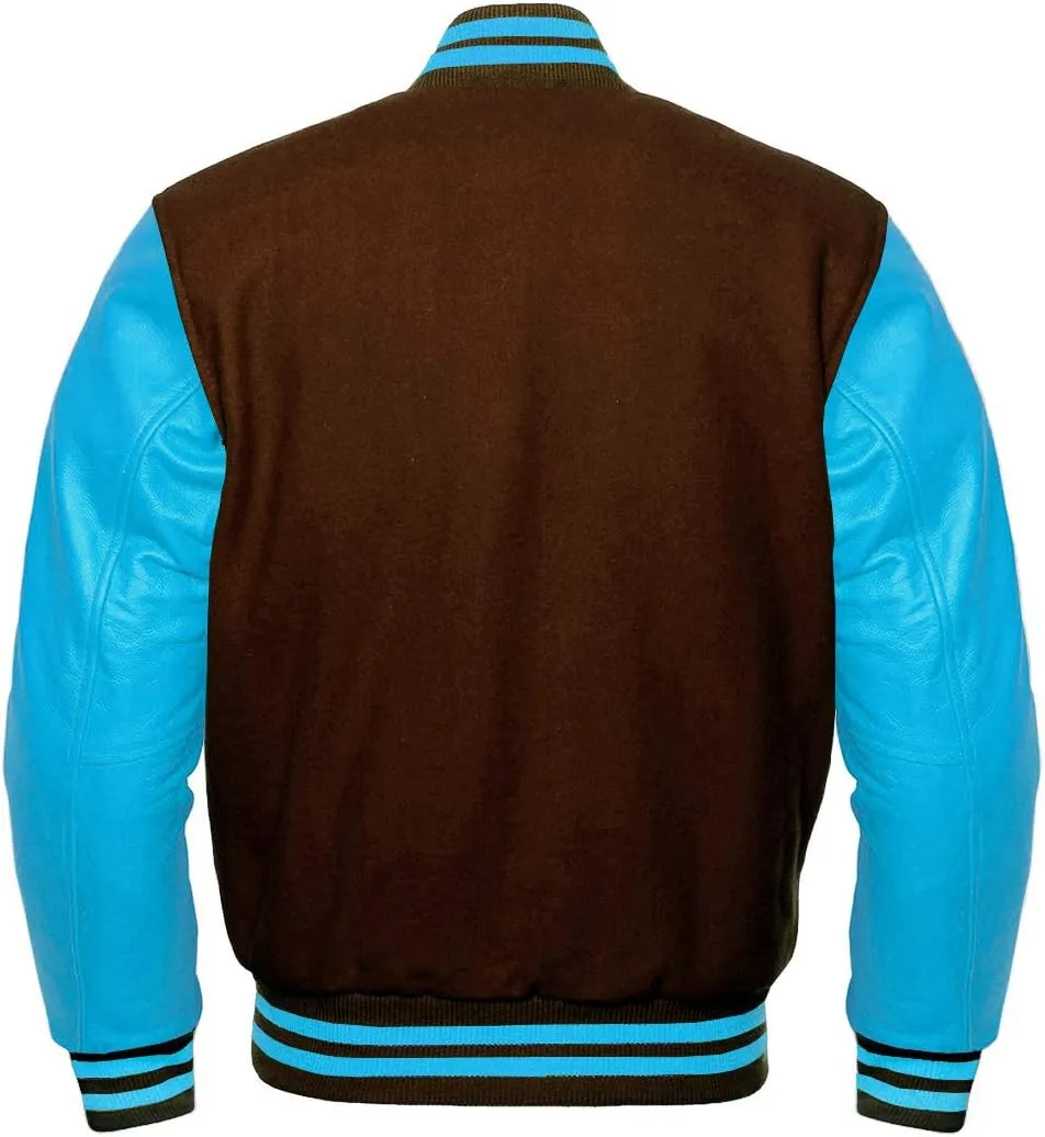 Men's Baseball Letterman Wool and Genuine Sky Blue Leather Sleeves Bomber Style Varsity Jacket