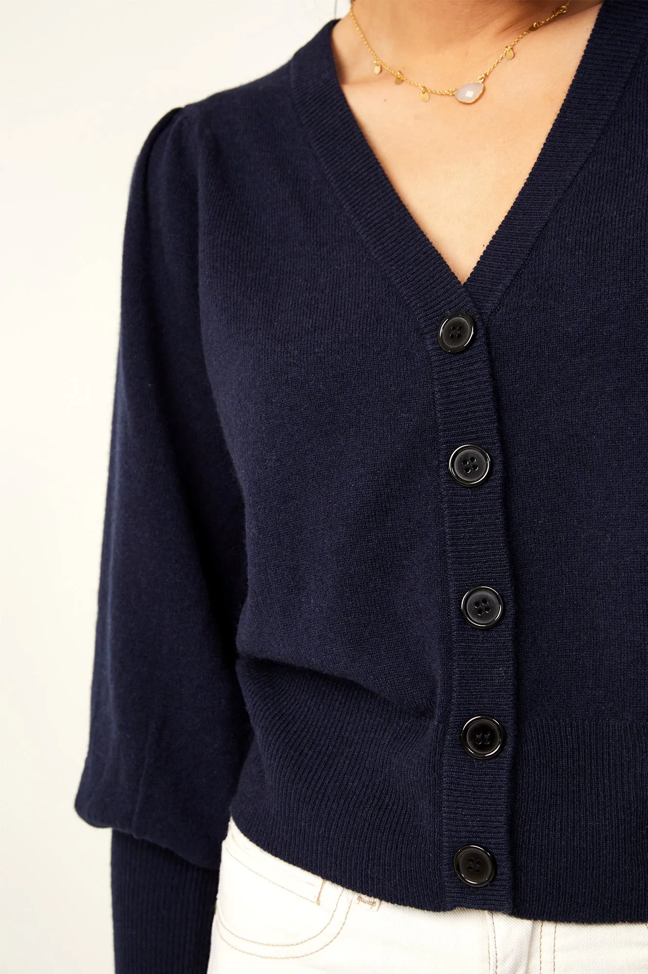 Merino Cashmere V Neck Puff Sleeve Cardigan | Navy