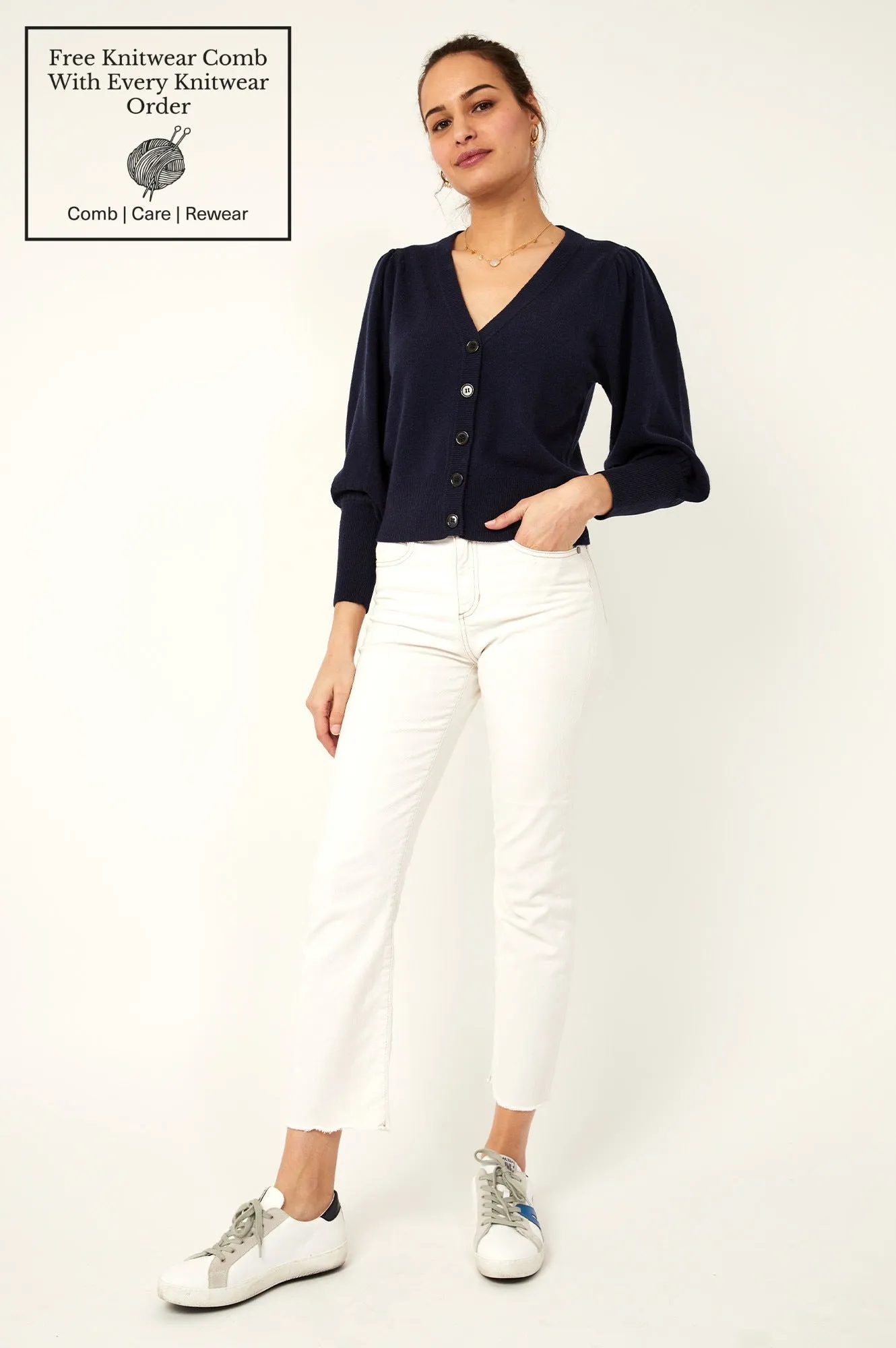 Merino Cashmere V Neck Puff Sleeve Cardigan | Navy