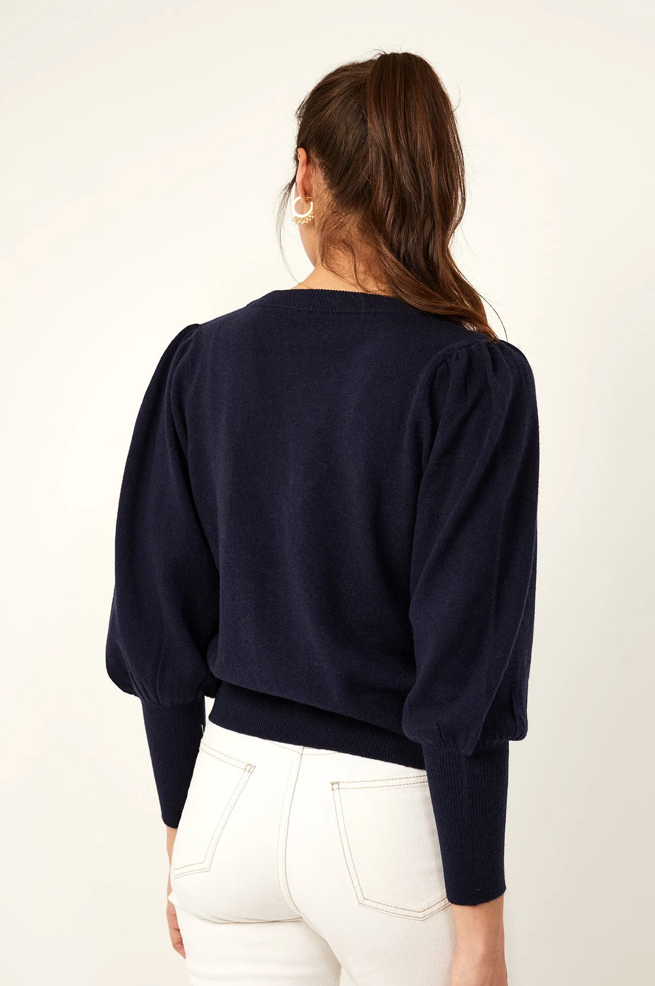Merino Cashmere V Neck Puff Sleeve Cardigan | Navy