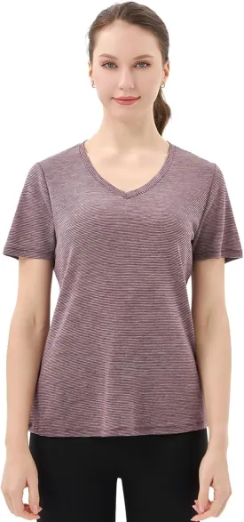 Merino Protect 100% Merino Wool V Neck T-Shirt for Women Short Sleeve Base Layers Odor Resistance Tops for Outdoor Hiking