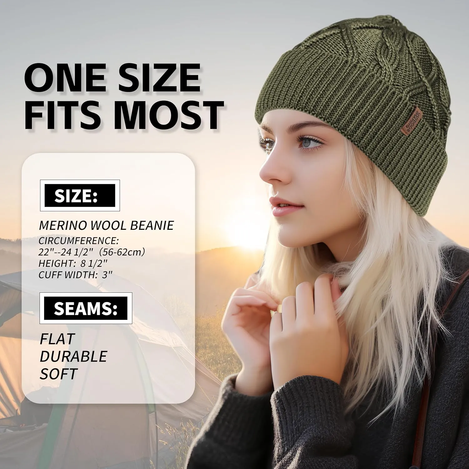 OUTDOOR SHAPING Merino Wool Beanie, Unisex Cable Knit Hat, Daily Rib Cuff Beanie, Warm Winter Cap