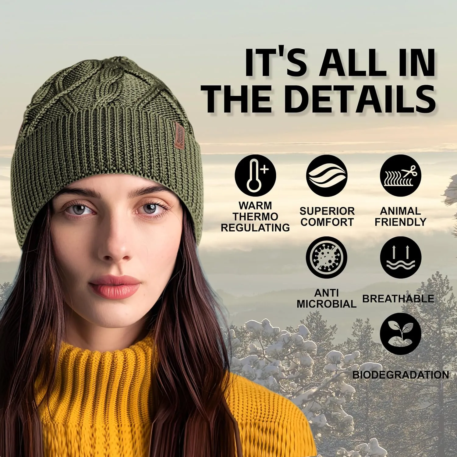 OUTDOOR SHAPING Merino Wool Beanie, Unisex Cable Knit Hat, Daily Rib Cuff Beanie, Warm Winter Cap