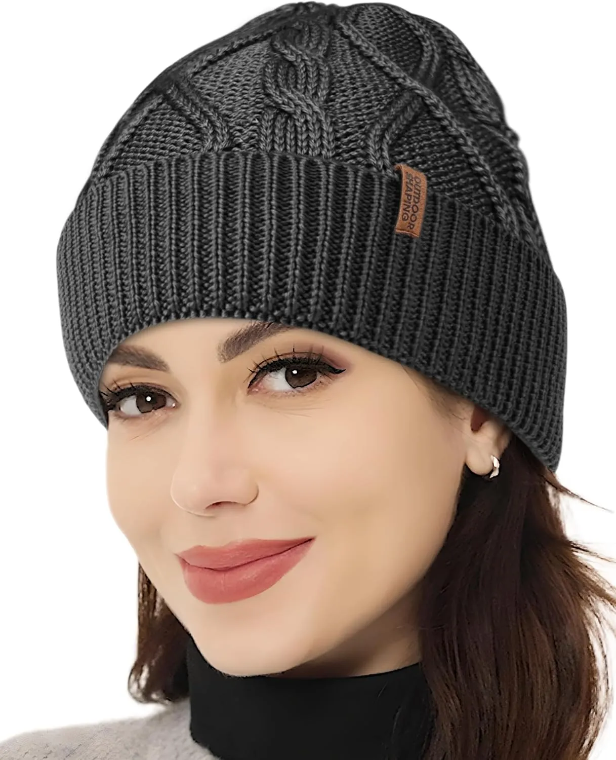 OUTDOOR SHAPING Merino Wool Beanie, Unisex Cable Knit Hat, Daily Rib Cuff Beanie, Warm Winter Cap