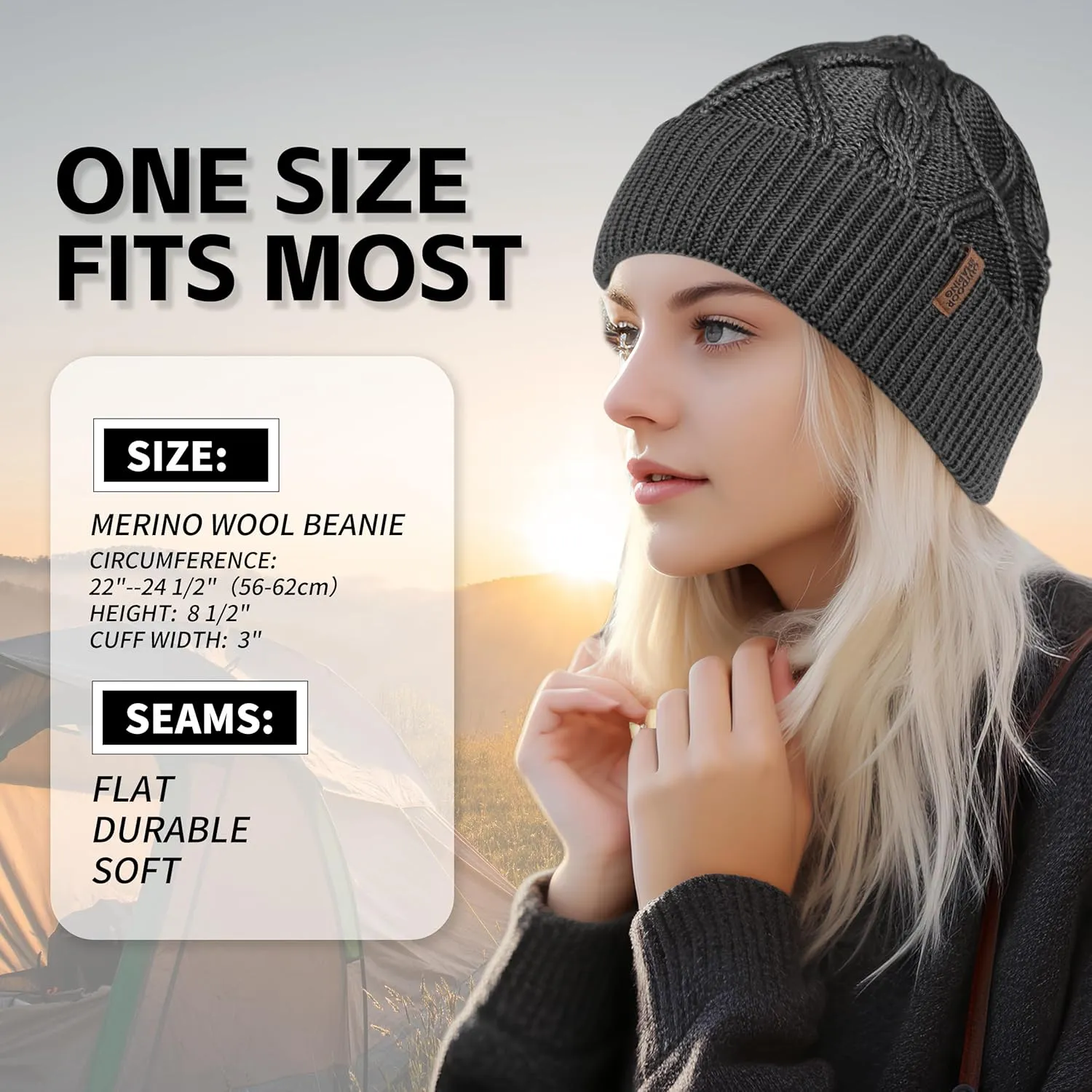 OUTDOOR SHAPING Merino Wool Beanie, Unisex Cable Knit Hat, Daily Rib Cuff Beanie, Warm Winter Cap