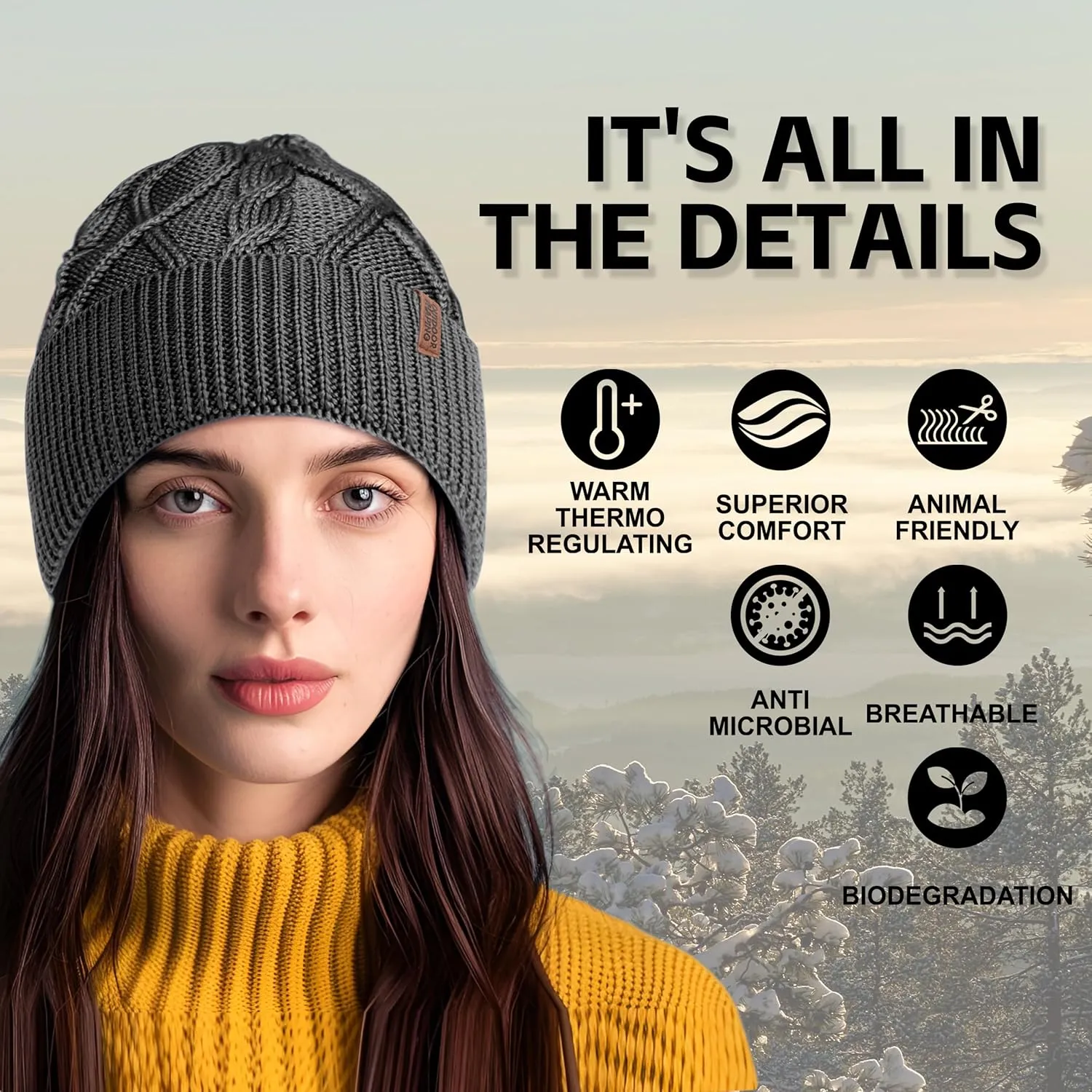 OUTDOOR SHAPING Merino Wool Beanie, Unisex Cable Knit Hat, Daily Rib Cuff Beanie, Warm Winter Cap