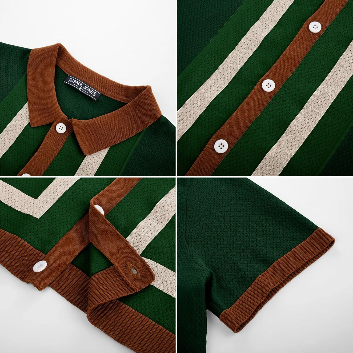 PJ PAUL JONES Mens Polo Shirts Vintage Striped Button Down Knitted Golf Shirts