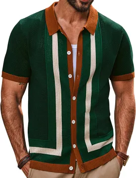 PJ PAUL JONES Mens Polo Shirts Vintage Striped Button Down Knitted Golf Shirts