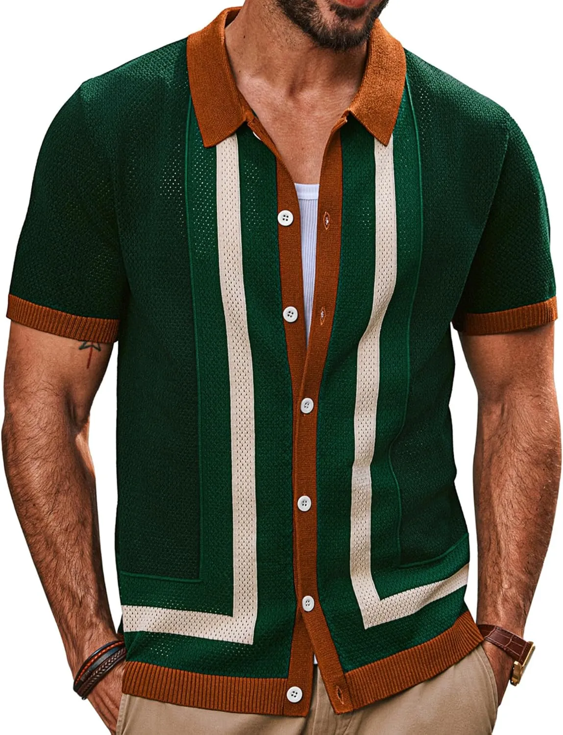 PJ PAUL JONES Mens Polo Shirts Vintage Striped Button Down Knitted Golf Shirts