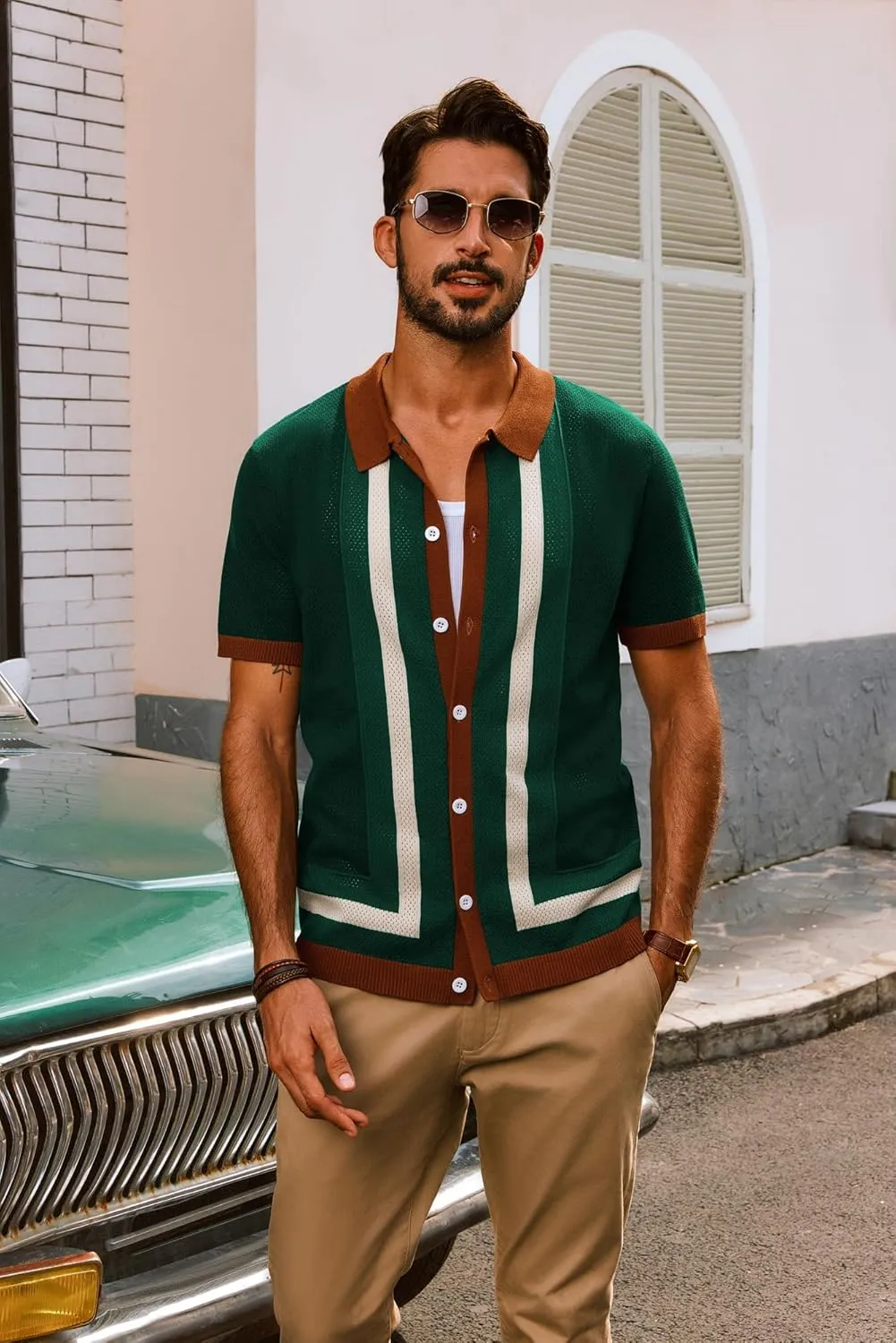PJ PAUL JONES Mens Polo Shirts Vintage Striped Button Down Knitted Golf Shirts