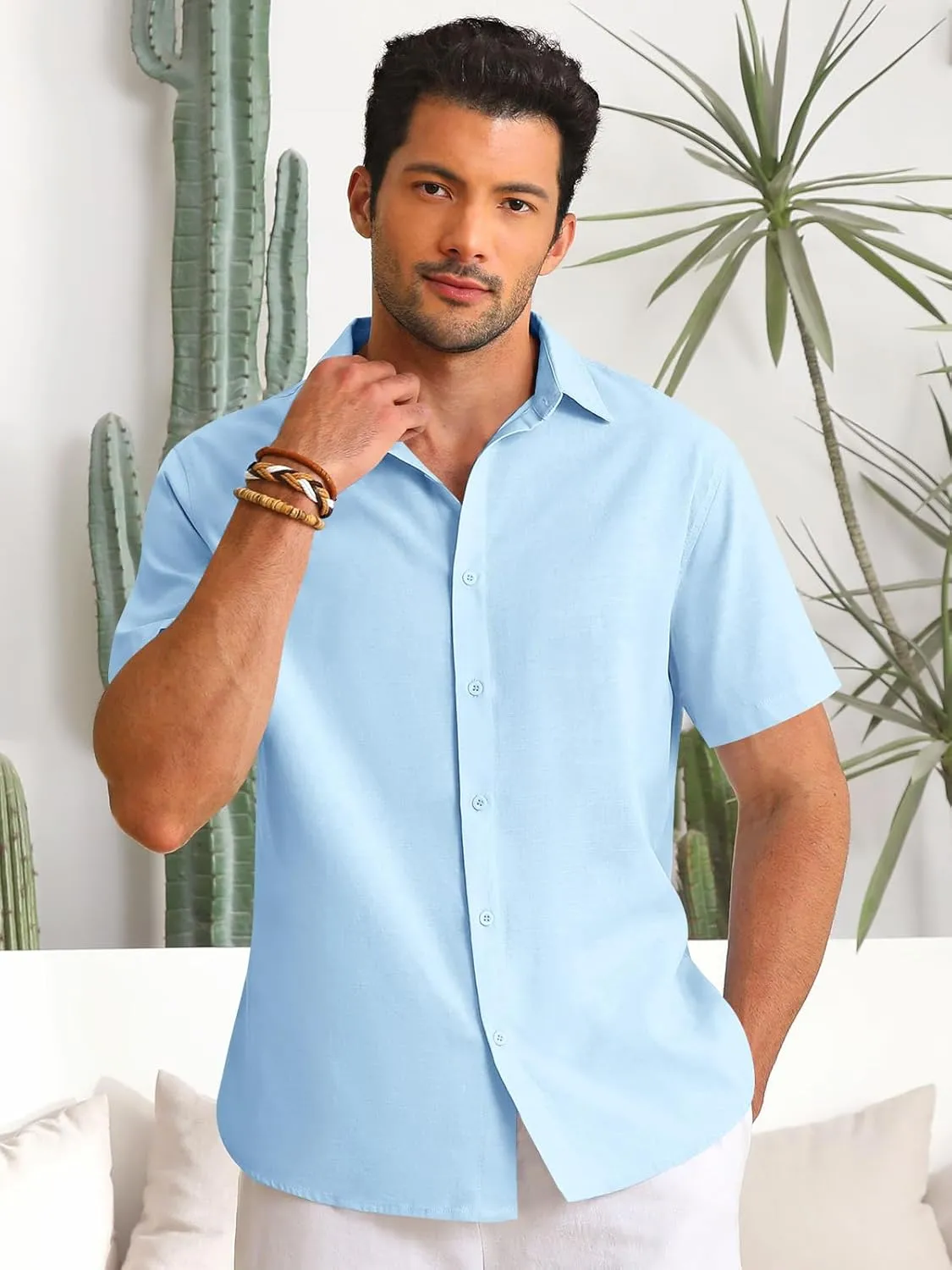 Runcati Mens Button Down Linen Shirts Short Sleeve Casual Collared Summer Beach Untucked Tops