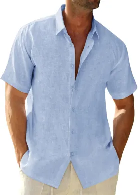 Runcati Mens Button Down Linen Shirts Short Sleeve Casual Collared Summer Beach Untucked Tops