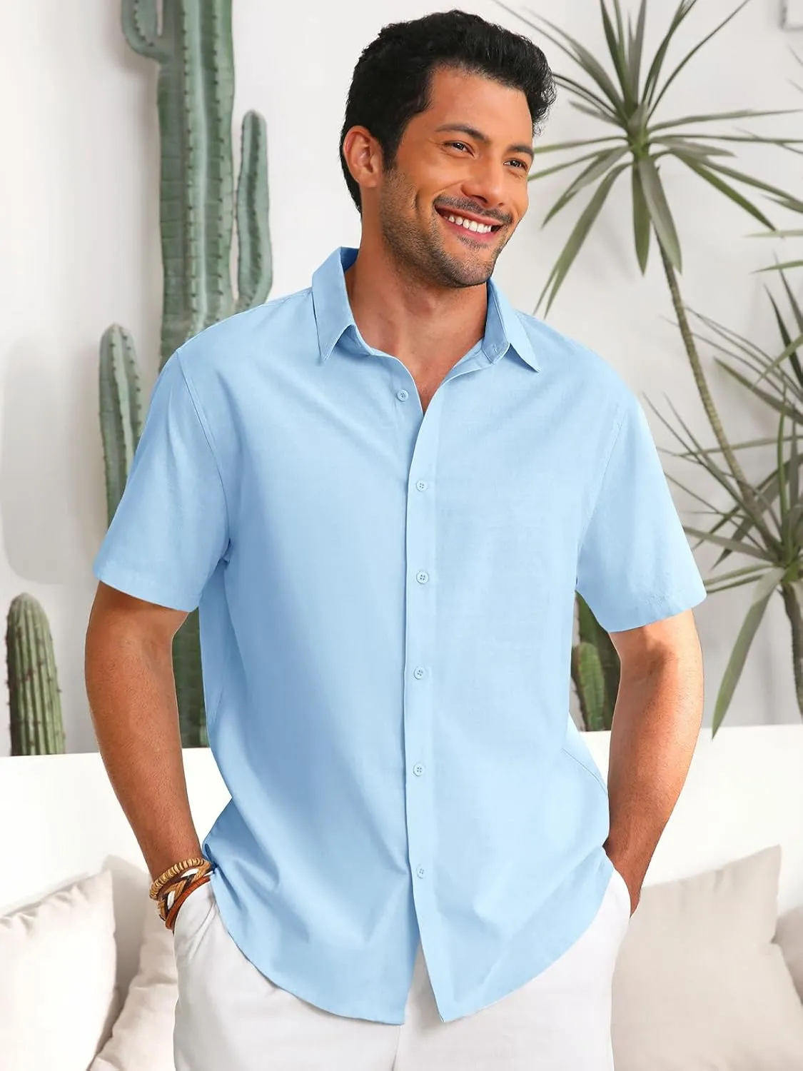 Runcati Mens Button Down Linen Shirts Short Sleeve Casual Collared Summer Beach Untucked Tops