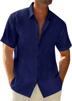 Runcati Mens Button Down Linen Shirts Short Sleeve Casual Collared Summer Beach Untucked Tops