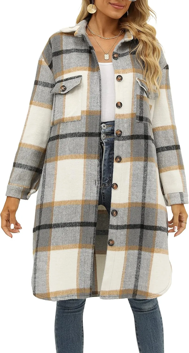 SeekMe Women's Oversized Flannel Plaid Shacket Jacket Flap Pocket Lapel Button Down Long Shirt Jackets
