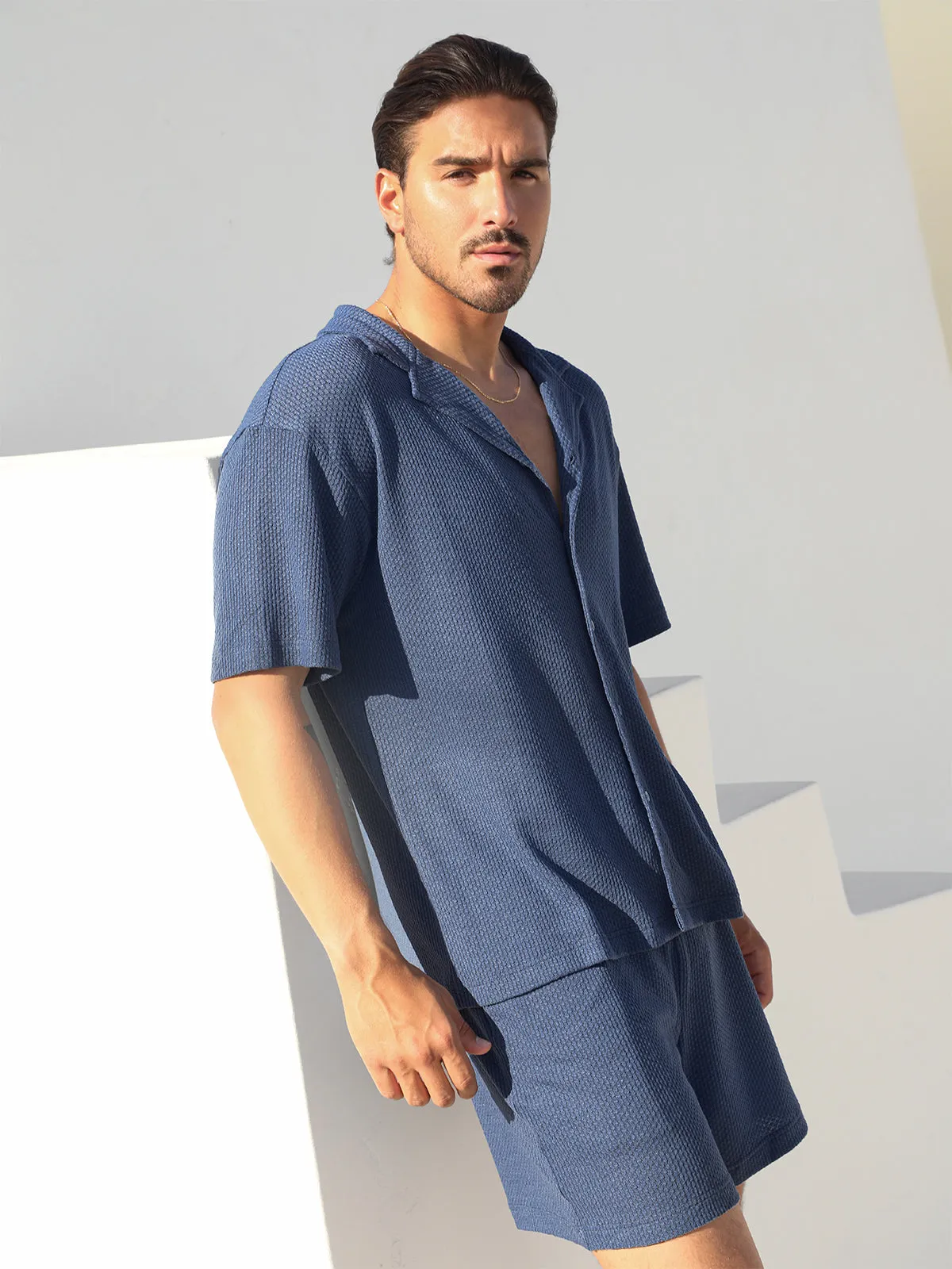 Set: Knit Hawaiian Set Shirt  Short Blue