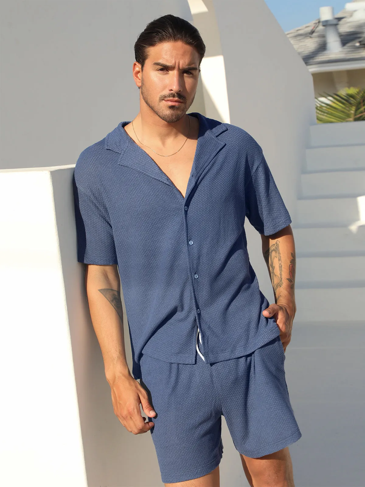 Set: Knit Hawaiian Set Shirt  Short Blue