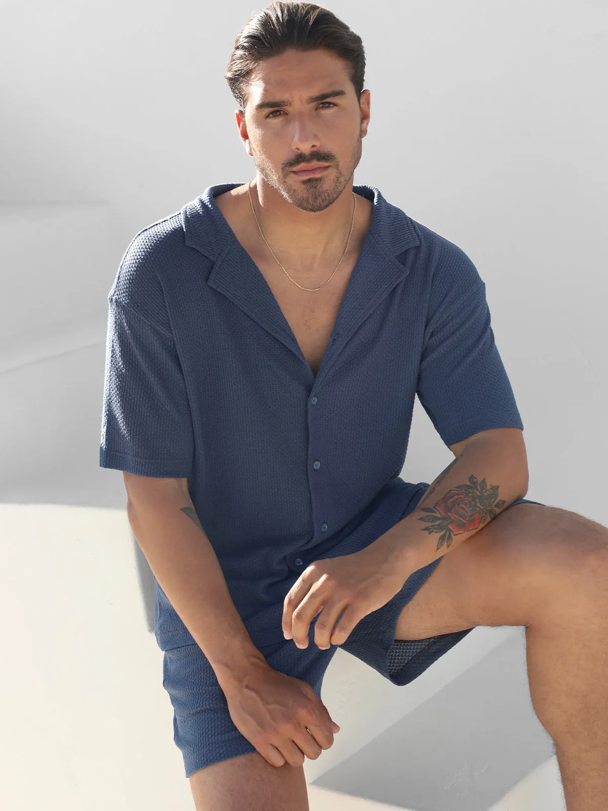 Set: Knit Hawaiian Set Shirt  Short Blue