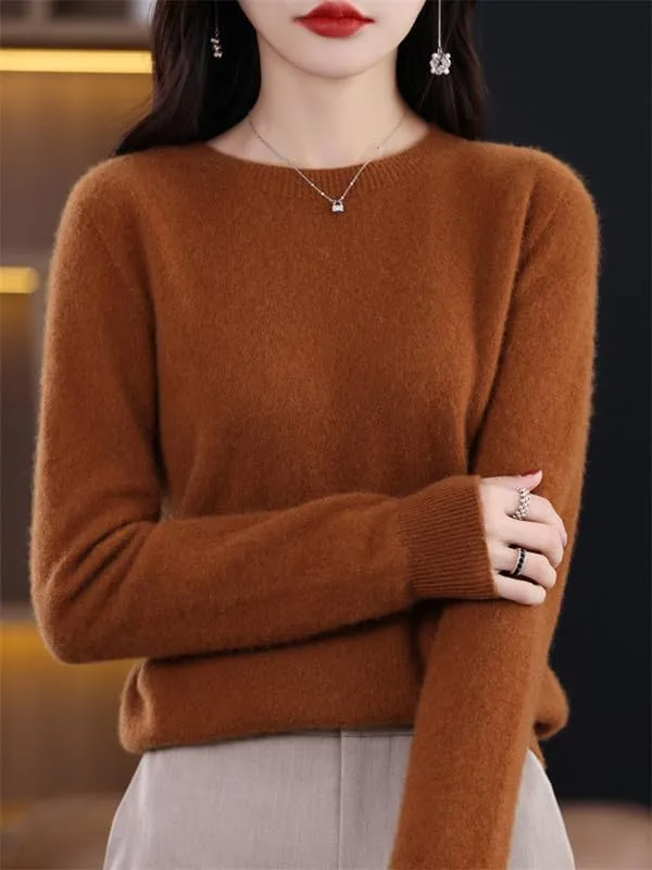 Shanghai Story 100% Merino Wool Sweater Women Fall Winter Warm Knitted Pullover Crewneck Long Sleeve Sweater