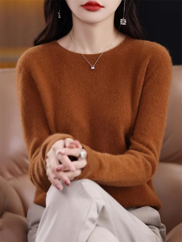 Shanghai Story 100% Merino Wool Sweater Women Fall Winter Warm Knitted Pullover Crewneck Long Sleeve Sweater