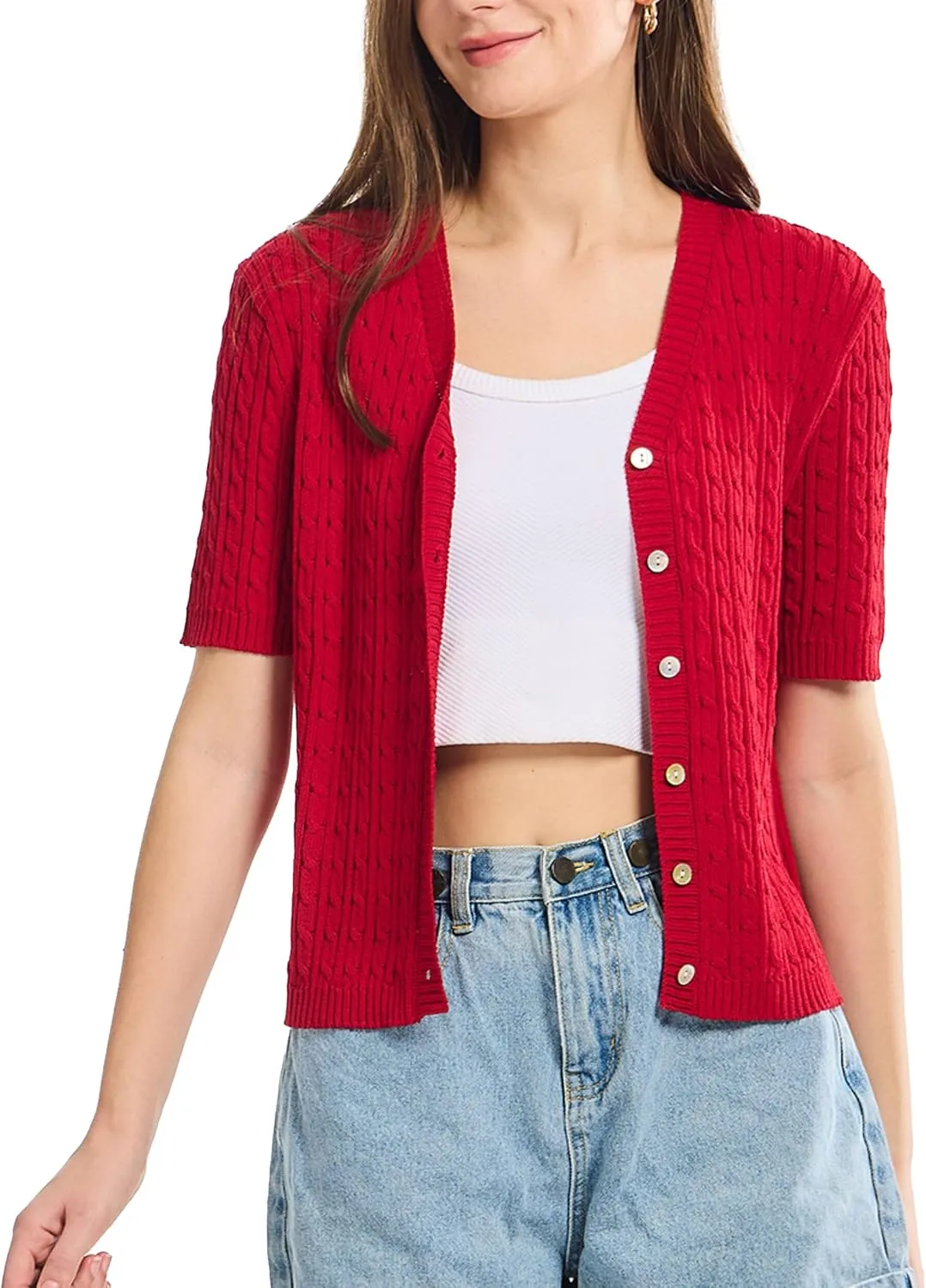 Simple&Opulence Womens Summer Cardigans V Neck Cooling Sweater Lightweight Open Front Button Shrugs Knit Top Jackets