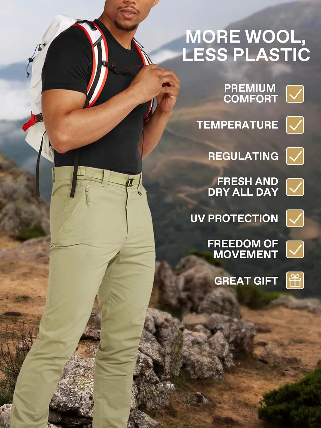 SIORO 100% Merino Wool T-Shirt for Men Short Sleeve Base Layers Odor Resistance Crew Neck Undershirt for Outdoor Hiking S-XXL