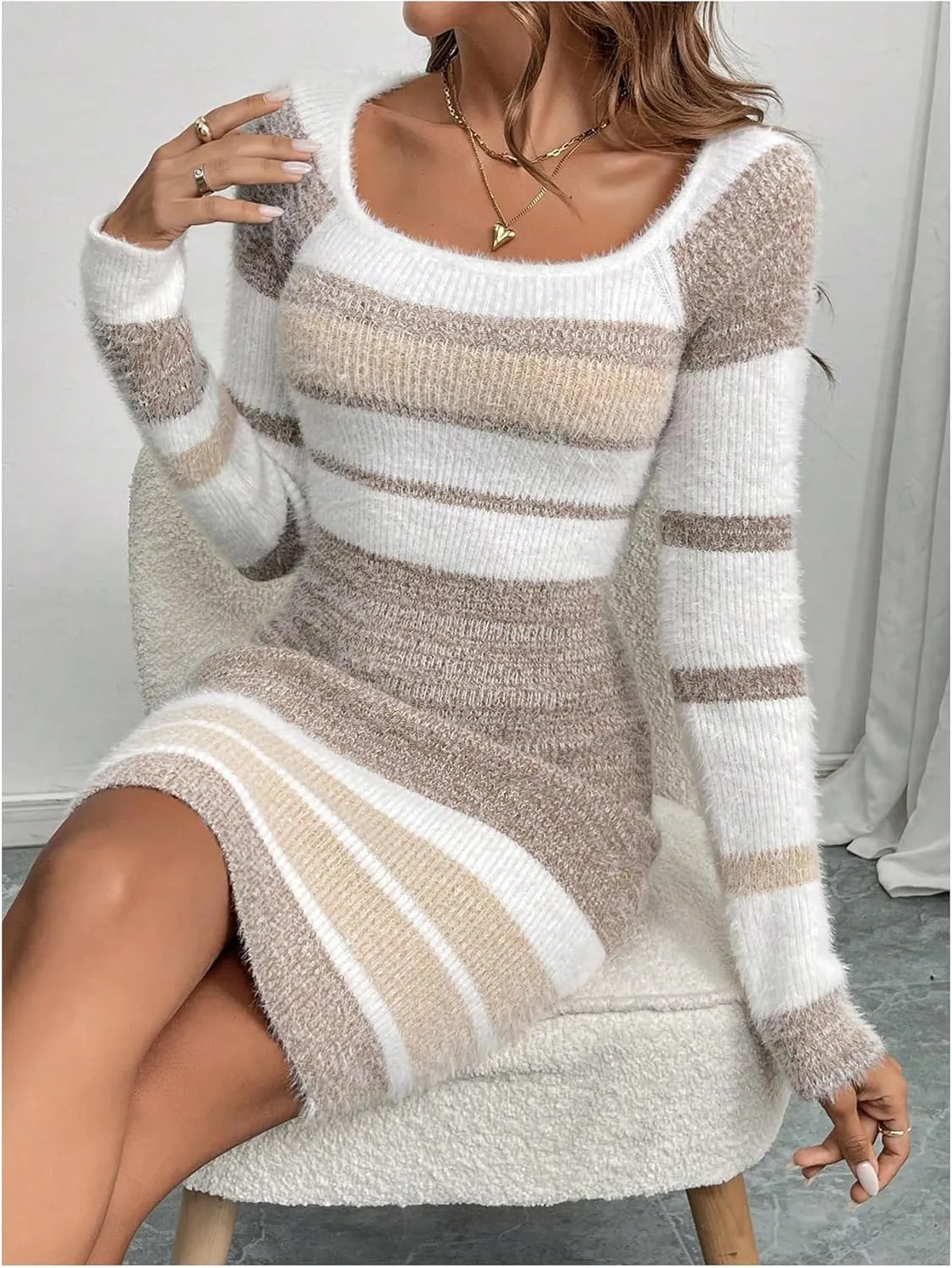 SOLY HUX Women's Color Block Striped Sweater Dress Square Neck Long Sleeve Bodycon Fuzzy Knit Short Dresses