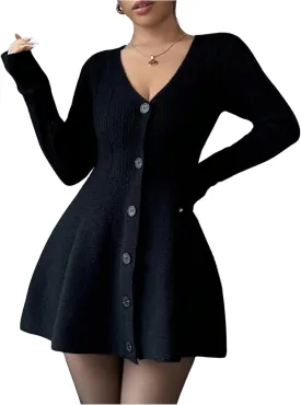 SOLY HUX Women's Sweater Dress Button Down V Neck Long Sleeve Knit A Line Mini Dresses