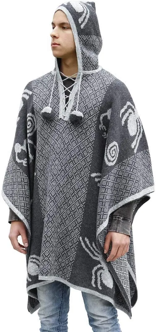Thick Alpaca Blend Alpaca Wool Poncho For Women Men Cloak Cape Unisex Nazca Lines Design