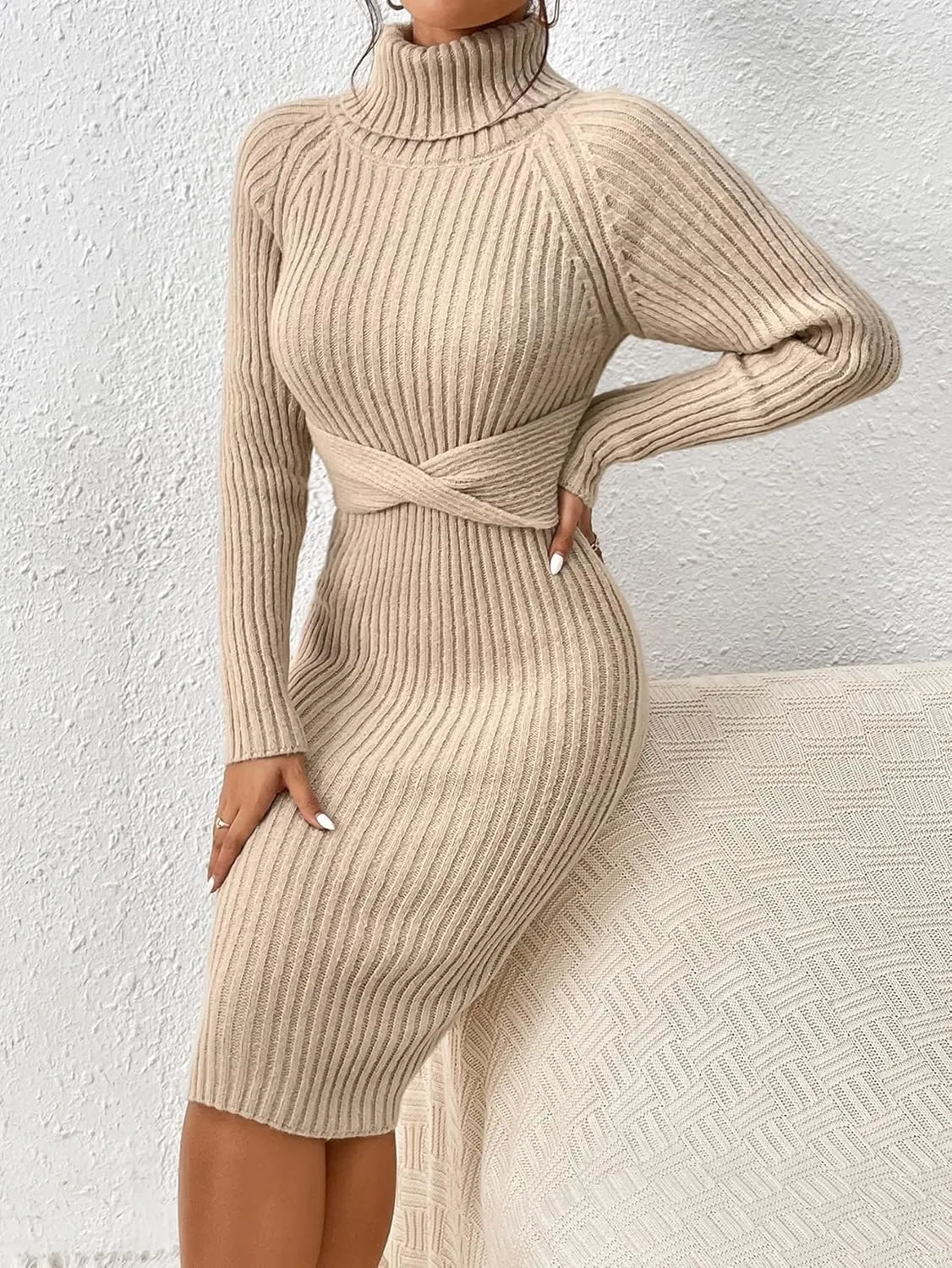 Verdusa Women's Turtleneck Long Sleeve Twist Front Knit Bodycon Sweater Dress