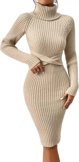 Verdusa Women's Turtleneck Long Sleeve Twist Front Knit Bodycon Sweater Dress