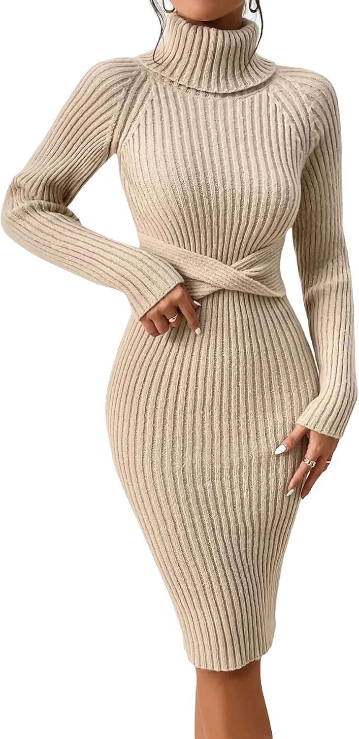 Verdusa Women's Turtleneck Long Sleeve Twist Front Knit Bodycon Sweater Dress