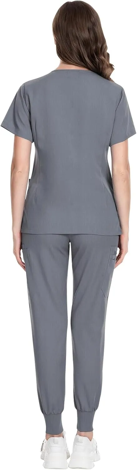 VIAOLI Scrubs for Women Set Modern V-Neck Top & 8 Pocket Jogger Pants Athletic Nursing Uniform Solid Stretch Workwear