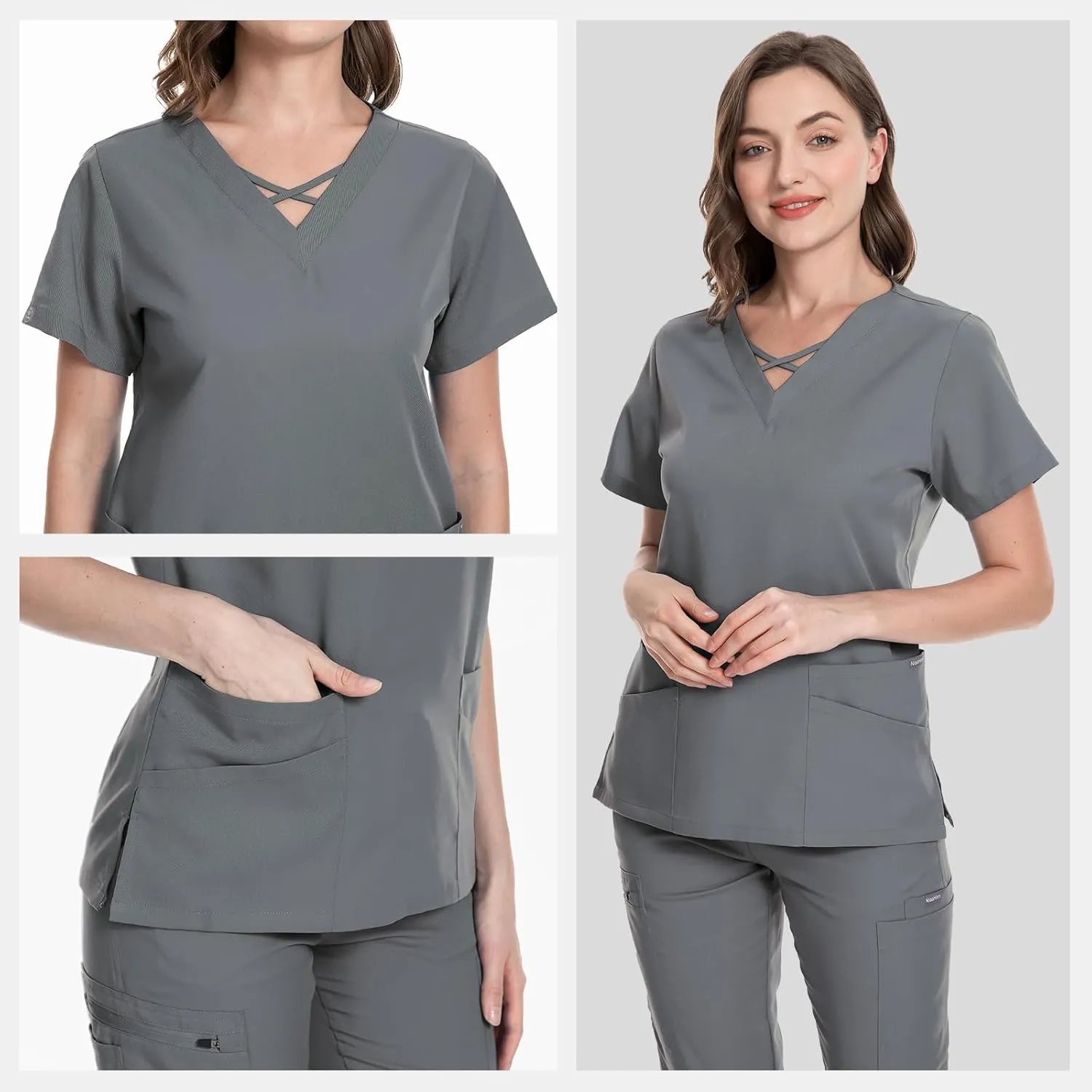 VIAOLI Scrubs for Women Set Modern V-Neck Top & 8 Pocket Jogger Pants Athletic Nursing Uniform Solid Stretch Workwear