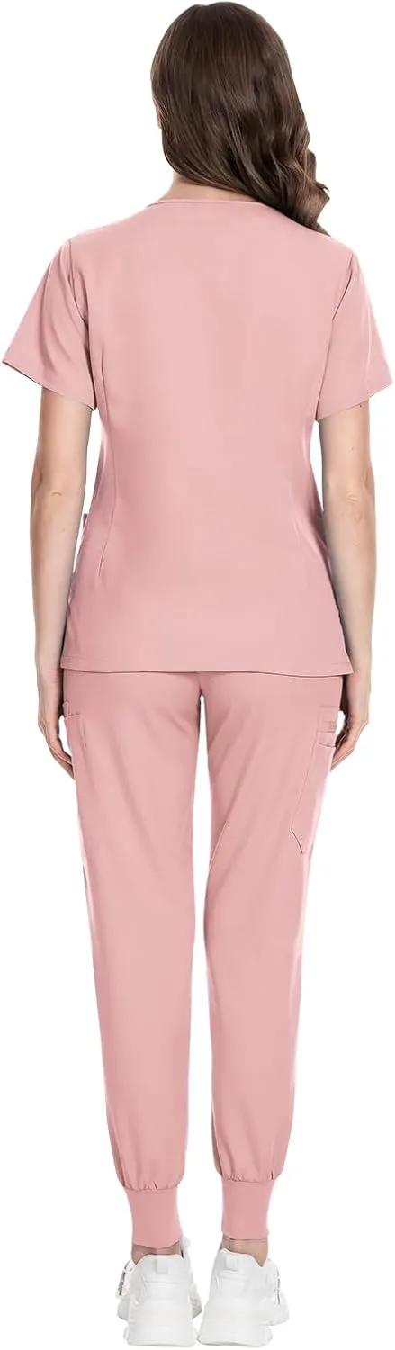VIAOLI Scrubs for Women Set Modern V-Neck Top & 8 Pocket Jogger Pants Athletic Nursing Uniform Solid Stretch Workwear