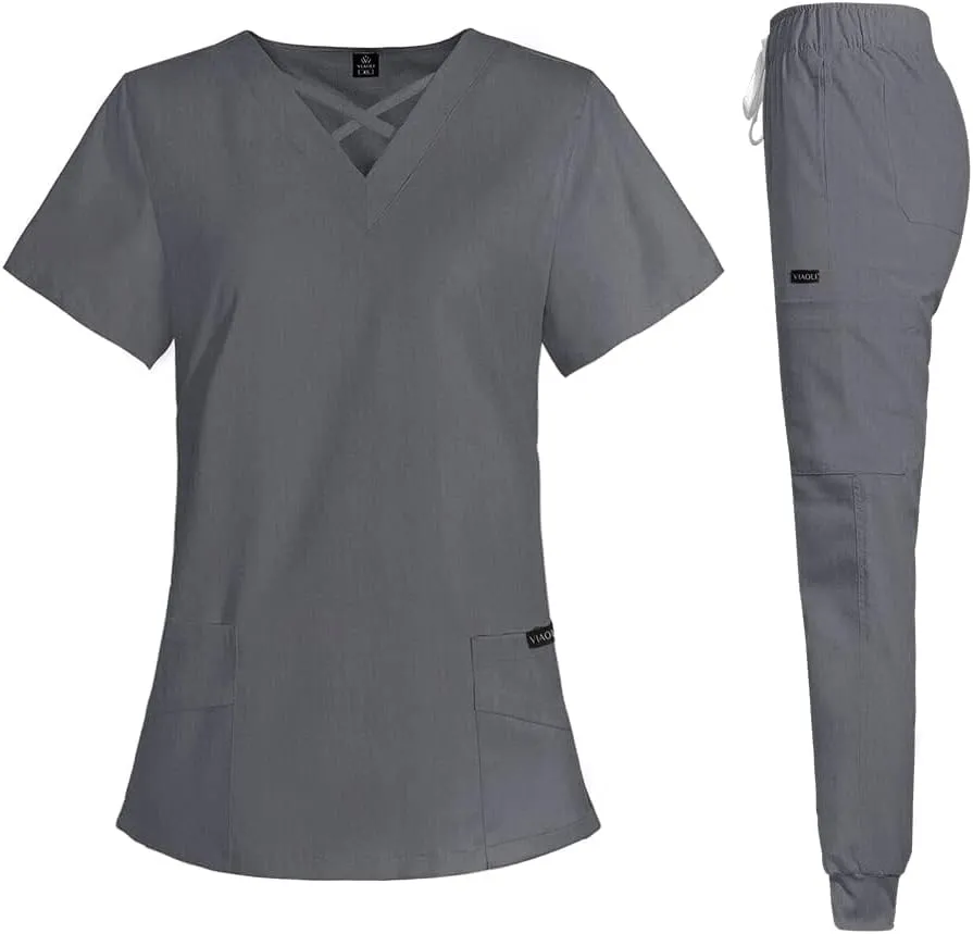 VIAOLI Scrubs for Women Set Modern V-Neck Top & 8 Pocket Jogger Pants Athletic Nursing Uniform Solid Stretch Workwear