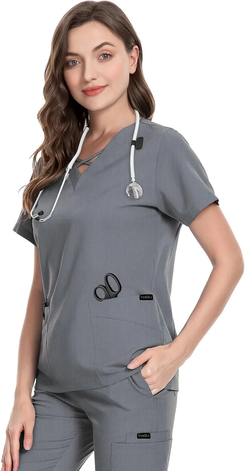 VIAOLI Scrubs for Women Set Modern V-Neck Top & 8 Pocket Jogger Pants Athletic Nursing Uniform Solid Stretch Workwear