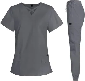 VIAOLI Scrubs for Women Set Modern V-Neck Top & 8 Pocket Jogger Pants Athletic Nursing Uniform Solid Stretch Workwear