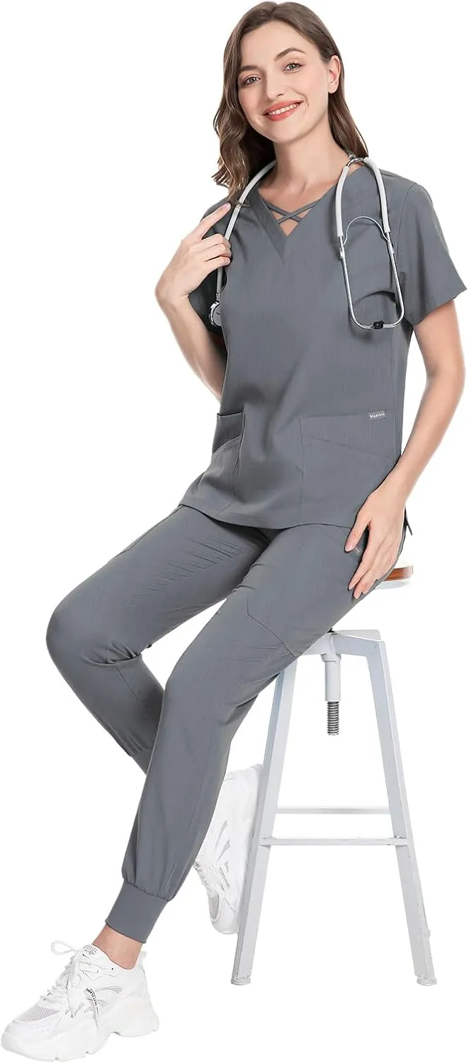 VIAOLI Scrubs for Women Set Modern V-Neck Top & 8 Pocket Jogger Pants Athletic Nursing Uniform Solid Stretch Workwear
